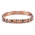 Detailed view of antique copper magnetic bracelet featuring leaf shapes and sparkling crystals. - Copper