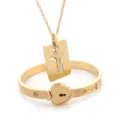 Gold stainless steel heart lock couple bracelet and key pendant necklace jewelry set - Gold