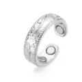 Silver magnetic open ring with plum blossom engraved pattern, fashionable couple jewelry accessory. - 4 Magnets / Silver