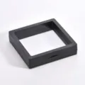Black floating frame jewelry box detail view, transparent plastic storage case for rings and earrings. - 9x9x2cm / Black
