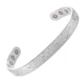 Silver magnetic therapy cuff bracelet with elegant floral engraving, open design for daily wear. - 6 Magnets Silver