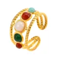 Stainless steel multi-layer geometric ring with colorful resin stones, retro design detail. - Multicolor