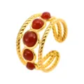 Retro gold stainless steel open ring featuring multi-layer twisted bands and red round stones. - Red