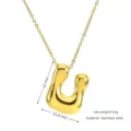 Gold stainless steel puffy letter U pendant necklace with detailed size specs for women. - Gold U