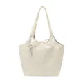 Beige canvas tote bag with silver star print, bow decoration, casual daily shoulder handbag. - White