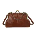 Retro PU leather kiss-lock shoulder bag, vintage chain crossbody bag for daily women commuting. - Dark Brown