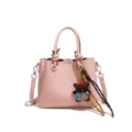 Pink leather bucket bag womens korean style commute casual shoulder crossbody bag with bear pendant - Pink Without Pendant