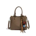 Korean style women shoulder crossbody bag soft leather bucket bag with cute bear charm. - Khaki (No Pendant)