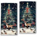 Asciugamano da cucina stampato natalizio albero festa cervo design morbido assorbente pulizia - MJBT185-3 / Confezione da 2 Pezzi (40x60cm)
