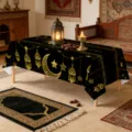 Islamic Ramadan tablecloth gold moon star pattern dining table cover elegant detail view - Middle Eastern Ramadan Style Print (ZB905-1) / 40x60cm (Brushed Fabric)
