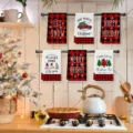 Set di strofinacci da cucina di Natale, panni piatti a quadretti rossi e neri per la casa. - MJBT185-4 / Confezione da 6 Pezzi (40x60cm)