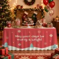 Christmas table skirt with festive red design, white snowflakes, and cheerful text. - ZQUN9-30
