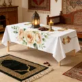 Elegant waterproof rectangular tablecloth with vintage floral and lantern print for dining. - 40x60cm Brushed Cloth (20g) / White Background Rose/Lantern Print (ZB905-4)
