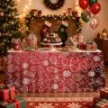 Christmas table skirt detail showing festive red fabric with white holiday patterns for decor. - ZQUN9-29