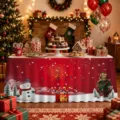 Christmas table skirt detail, red polyester festive holiday party decoration for dining tables - ZQUN9-28