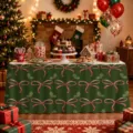 Christmas table skirt with pink bows and holly leaves, waterproof polyester holiday party decor. - ZQUN9-27