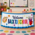 Back to school table skirt classroom decoration, colorful welcome design for kids party. - 140*75cm / Style 4