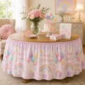Rosa Geburtstag Tischrock für Party, wasserdichte Polyester runder Tischdecke mit bunten Motiven. - Rosa Rüschen Thema