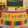 Colorful school table skirt classroom decoration back to school party supply fabric pencil design - Style 8