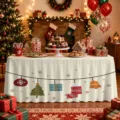 Christmas table skirt detail showing festive holiday print, waterproof polyester fabric decoration. - ZQUN9-15