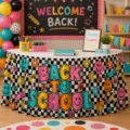 Back to school table skirt checkerboard smiley face classroom party decor table cover 6ft - Style 17
