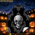 Halloween skull print apron detail, gothic baroque pattern design, black fabric close up view. - Black Baroque Skull Pattern (TQWQ07-20)