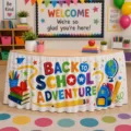 Back to school desk skirt classroom decor party supplies detail view showcasing vibrant print. - Style 22