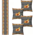 Fall pumpkin table runner and pillow covers set, black and white stripe home textile detail view. - Set A2