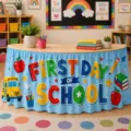 Classroom table skirt for back to school party decoration, cute school event supplies detail view. - Style 23