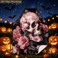 Halloween skull rose print apron detail, spooky festival kitchen cooking decor scene close-up. - Exquisite Skull and Rose Pattern (TQWQ07-27)