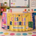 Back to school desk skirt for classroom decoration, colorful table skirt for school party setup. - Style 26