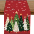 Festive red Christmas table runner with elegant tree prints, perfect for holiday dining decor. - ZQ203-16 / 33x183cm