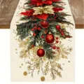 Festoso runner da tavola natalizio con stampa di poinsettia rossa e bacche di pino. - ZQ203-4 / 33x183cm