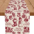 Festive red sketch Christmas table runner, vintage snowman holiday dining table decor. - ZQ203-5 / 33x183cm