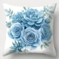 Close-up detail of the elegant blue watercolor rose and succulent print throw pillow. - 45x45cm / CDR530-2