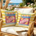 Detailed view of yellow striped retro sardine throw pillow on outdoor wicker chair scene. - Yellow And White Striped Style (CDR499-7) / 45x45cm