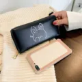 Zwarte PU lederen lange portemonnee met rits en schattig konijnenontwerp voor dames. - Zwart