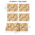 Detailed view of 4 autumn maple leaf placemats and 1 table runner set with dimensions. - Set B3