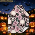 Halloween skull rose print apron detail, spooky kitchen cooking party home decor textile. - Classic Skull and Pink Rose (TQWQ07-37)