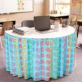 Preppy aesthetic blue smiley face table skirt, colorful cute classroom desk cover decor. - Blue Smiley Face