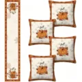 Close-up details of Thanksgiving fall autumn pumpkin cushion covers and matching table runner set. - Set A5