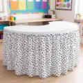 Crescent table skirt with black and white dot pattern for classroom desk decoration and events - Black and White Polka Dots