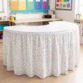 Pleated table skirt with colorful brush stroke pattern, perfect for desks and party decor. - Colorful Dots Print