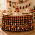 Halloween τραπεζοφούστα πορτοκαλί μαύρο καρό κολοκύθα φάντασμα γιορτινή διακόσμηση - HZQUN3-9
