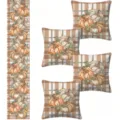 Autumn pumpkin plaid pillow cover and table runner set for cozy home Thanksgiving decor. - Set A7