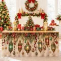 Weihnachtstischrock Detailansicht mit festlichem Laternendruck und Weihnachtsdeko. - Retro Laterne und Kiefernzweig Stil (ZQUN17-48)