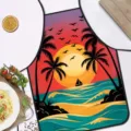 Seaside ocean sunset print kitchen apron detail view, vibrant tropical palm tree style cooking bib. - Short Plush Kids Size / Ocean Style 2