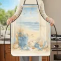 Summer ocean print apron kitchen detail showing watercolor beach and seashell design pattern. - Short Plush Kids Size / Ocean Style 4