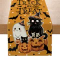 Halloween table runner detail with cute black cat and pumpkin print, festive holiday home decor. - ZQ202-5