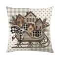 Close-up detail of Christmas throw pillow cover featuring rustic sleigh and wooden houses. - XY770-28